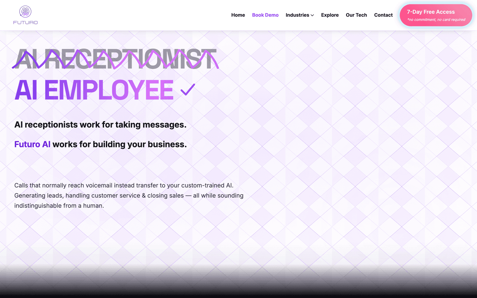 Futuro AI landing page describing custom AI voice agents that answer business calls around the clock