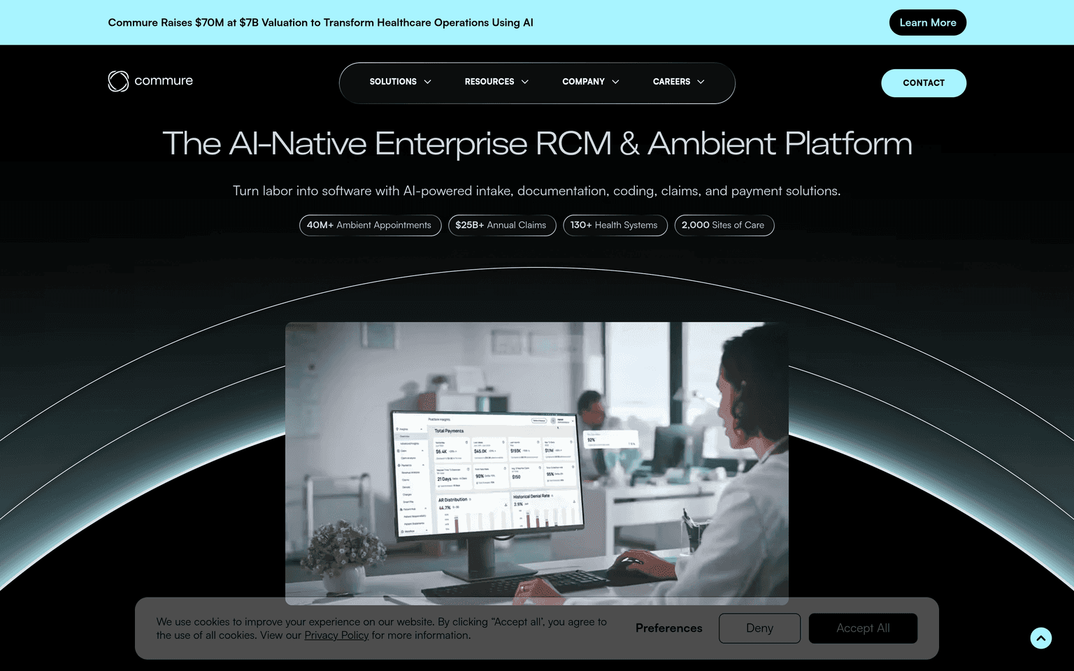 Commure homepage showing its AI platform for healthcare operations and revenue cycle