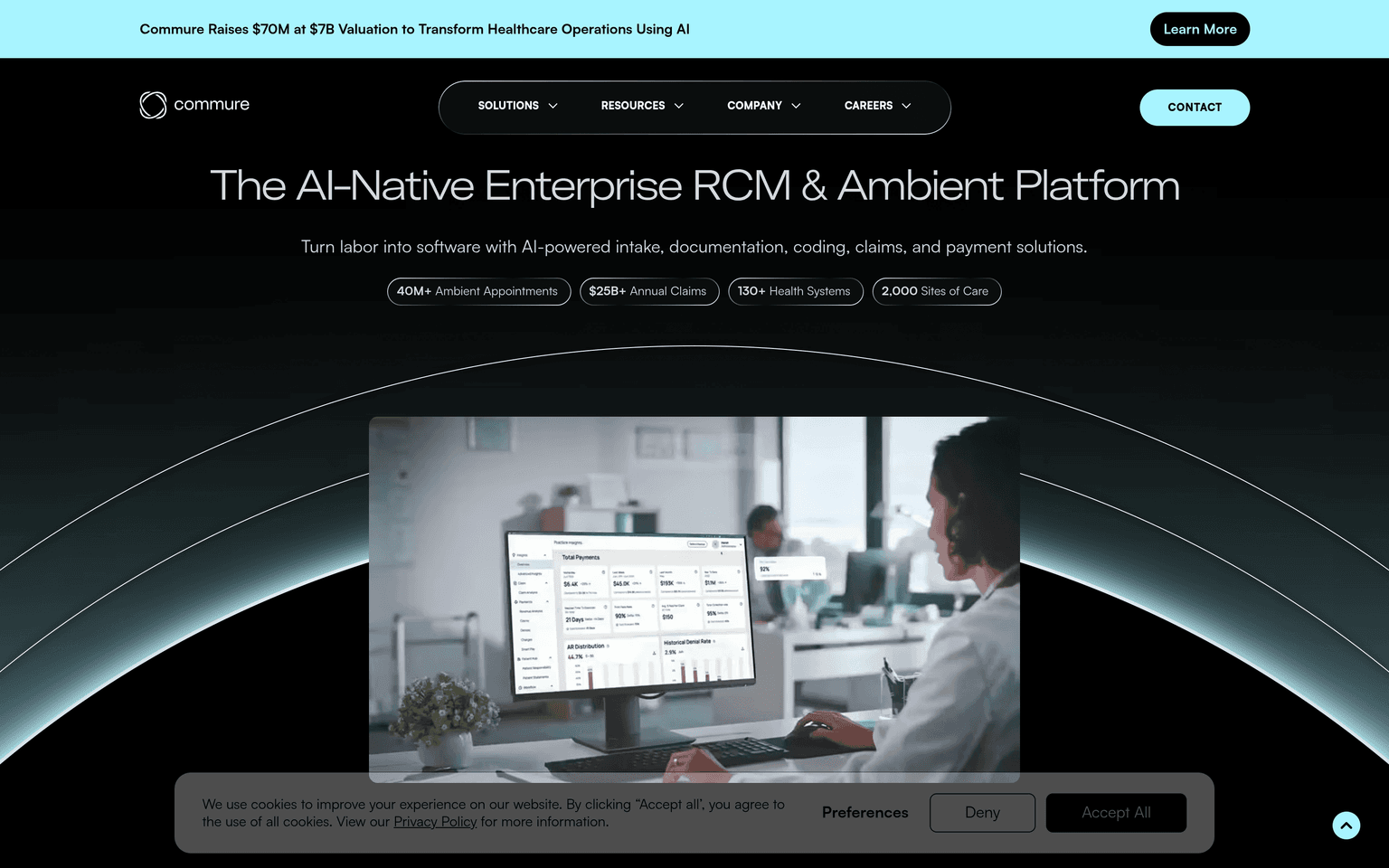 Commure homepage showing its AI platform for healthcare operations and revenue cycle