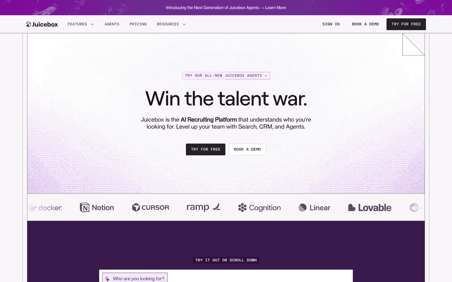 Juicebox homepage showing PeopleGPT natural language candidate search for recruiters