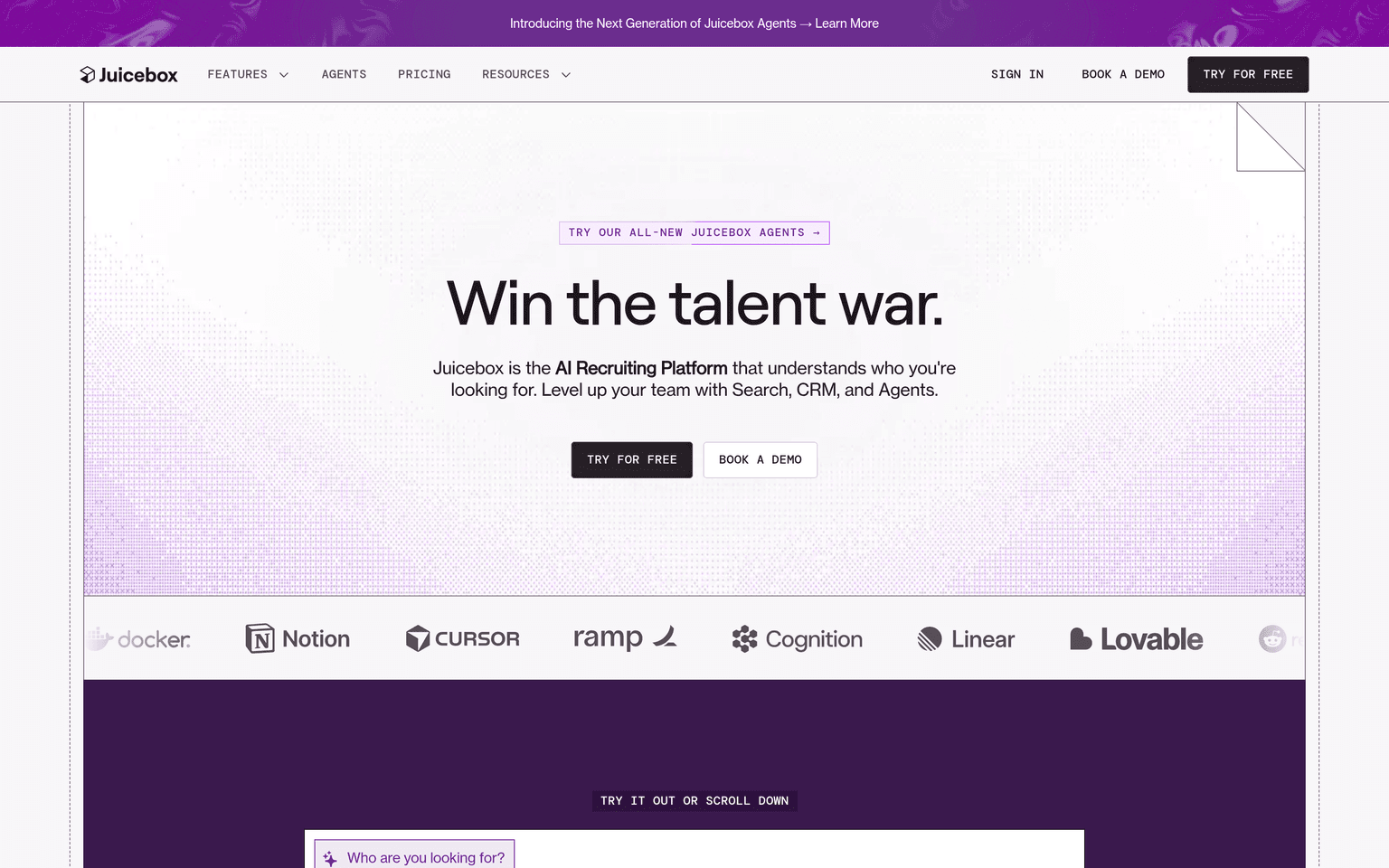 Juicebox homepage showing PeopleGPT natural language candidate search for recruiters
