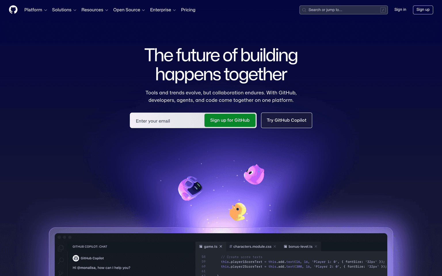 GitHub homepage showing code repository and pull request interface