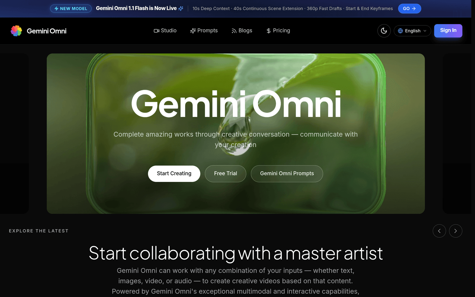 Gemini Omni landing page about creating video through creative conversation