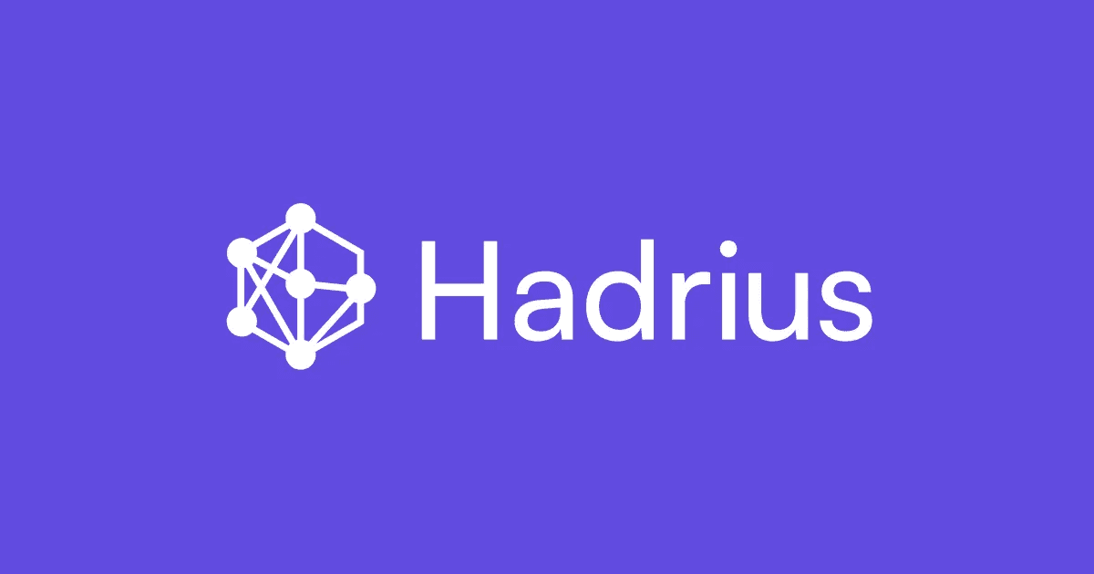 Hadrius brand hero with its network mark and wordmark on a purple background
