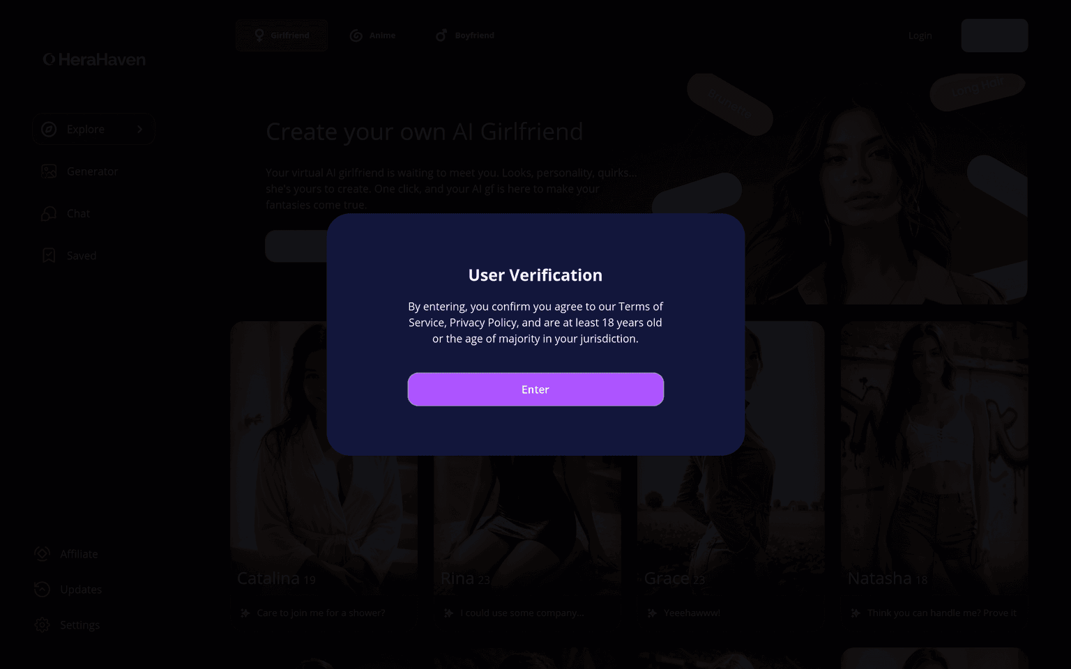 HeraHaven homepage screenshot showing the AI girlfriend companion app