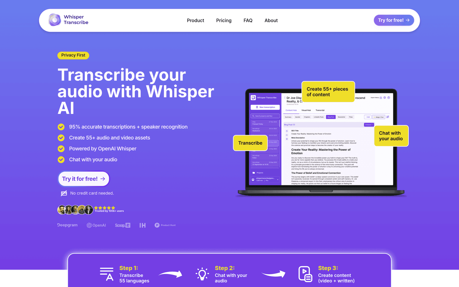 WhisperTranscribe product landing page screenshot showing the main interface and primary call to action