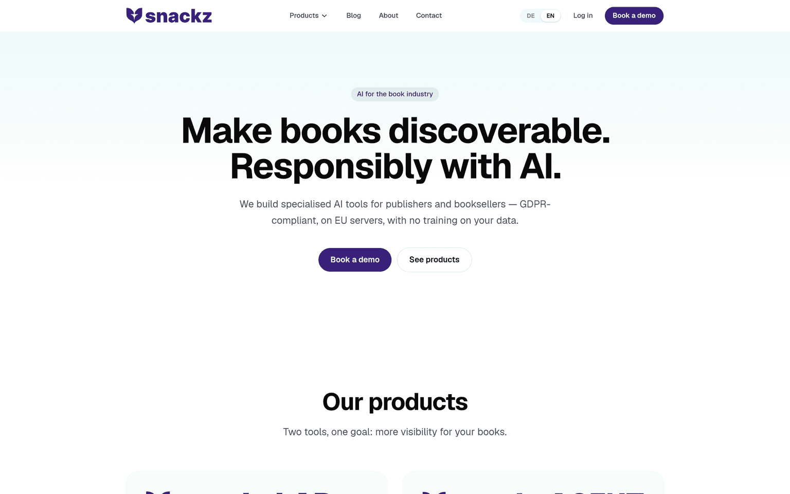 Snackz.ai product landing page screenshot showing the main interface and primary call to action