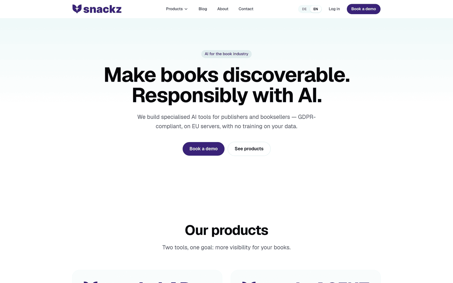 Snackz.ai product landing page screenshot showing the main interface and primary call to action