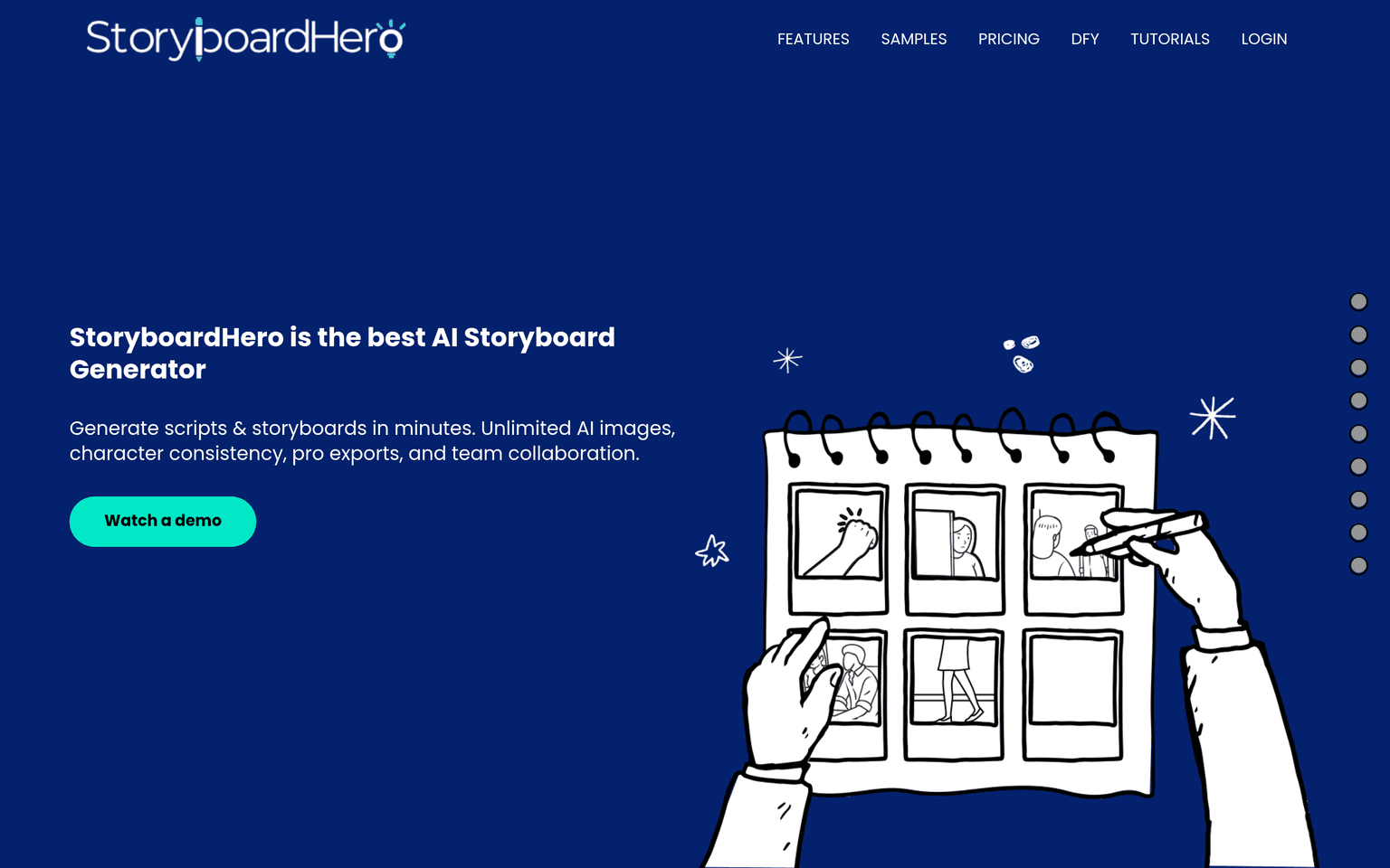 StoryboardHero product landing page screenshot showing the main interface and primary call to action