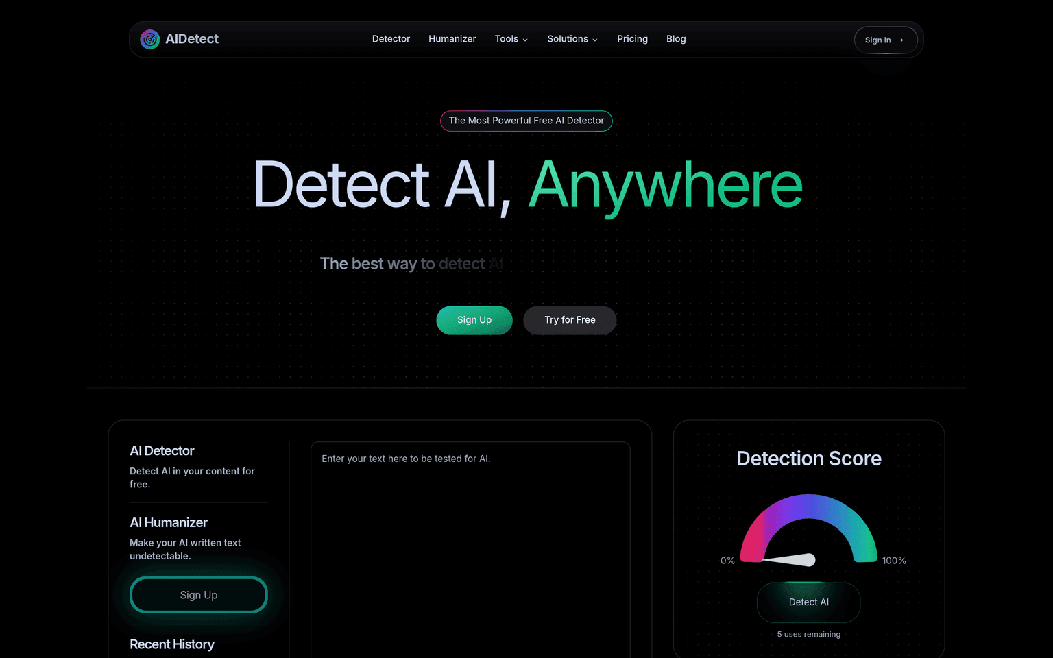 AI Detect product landing page screenshot showing the main interface and primary call to action
