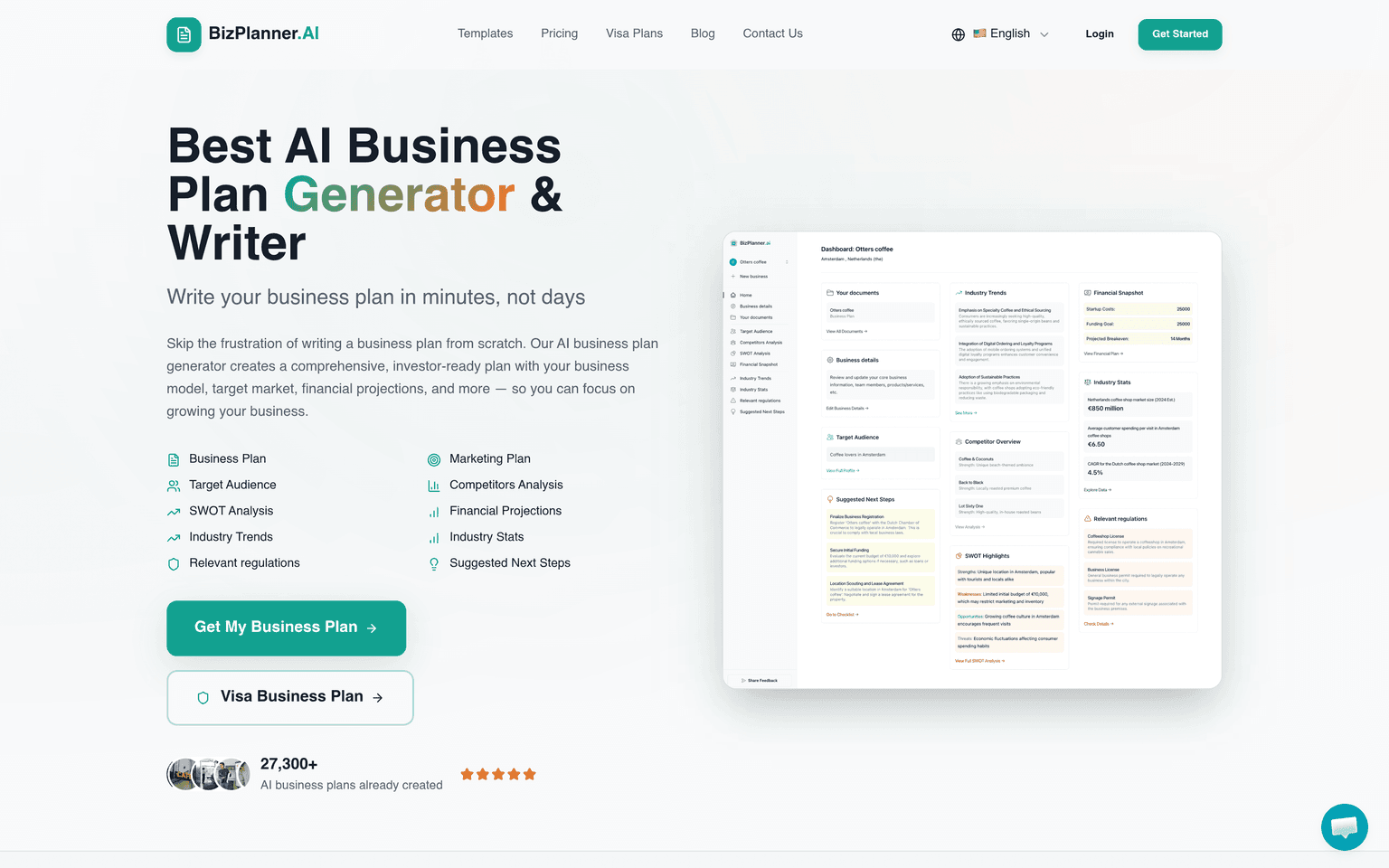 BizPlanner AI product landing page screenshot showing the main interface and primary call to action