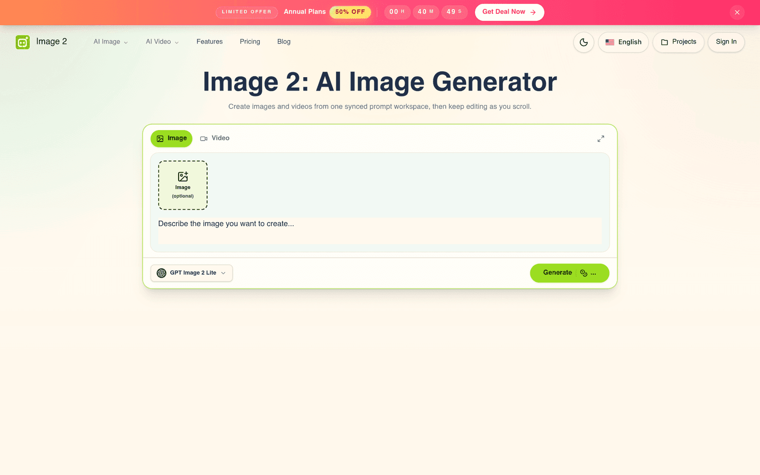 Image 2 landing page workspace with a prompt box and the GPT Image 2 Lite model selector