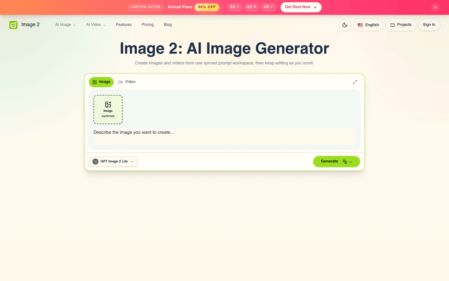 Image 2 landing page workspace with a prompt box and the GPT Image 2 Lite model selector