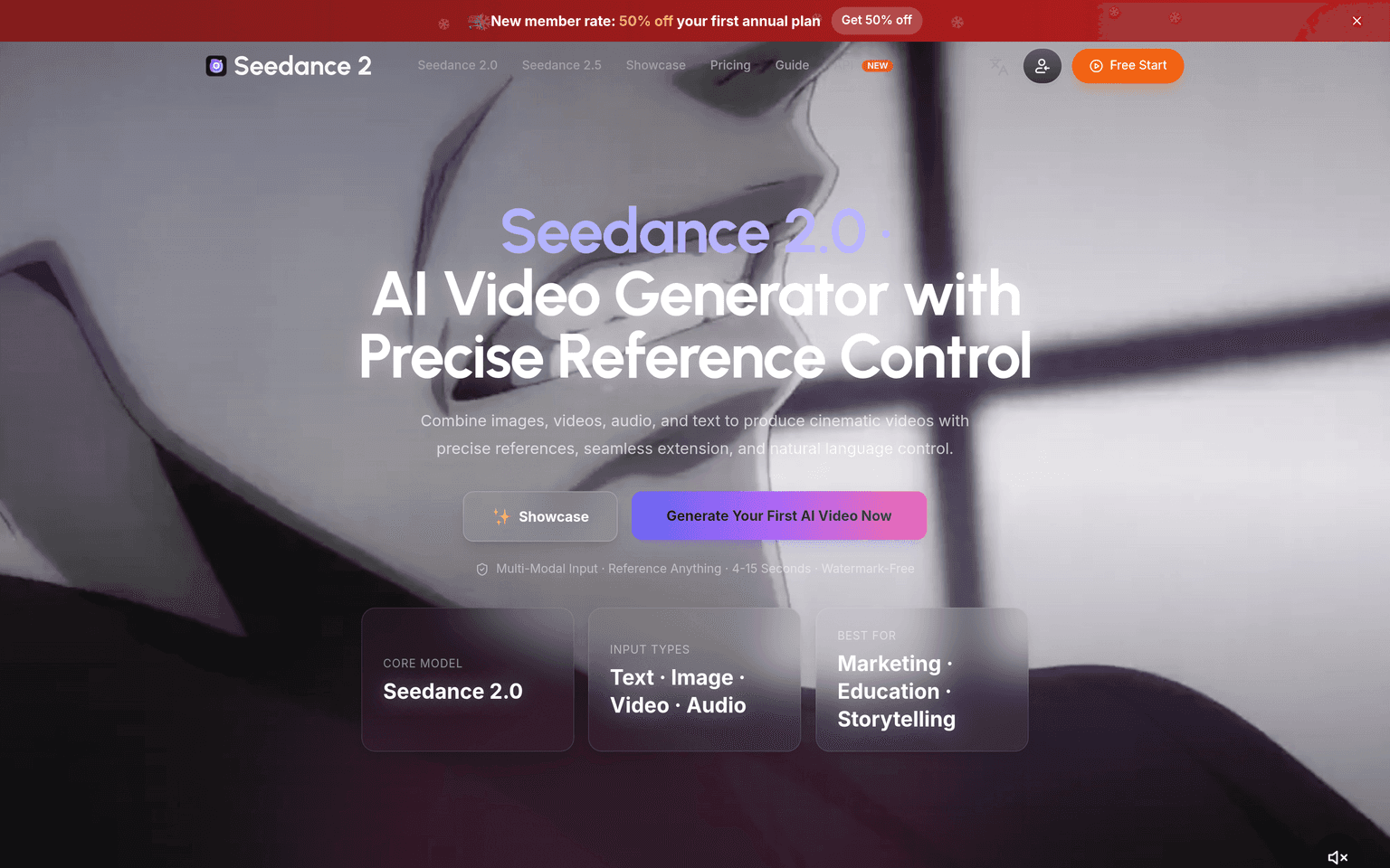 Seedance2AI.io landing page with the Seedance 2.0 AI video generator hero and multi-modal input highlights