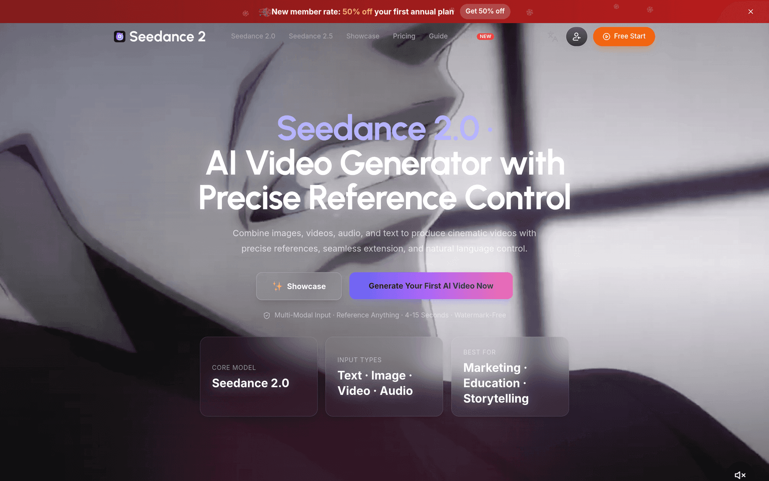 Seedance2AI.io landing page with the Seedance 2.0 AI video generator hero and multi-modal input highlights