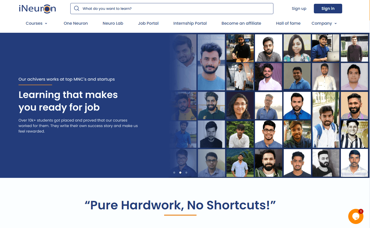 iNeuron's homepage showcasing its courses