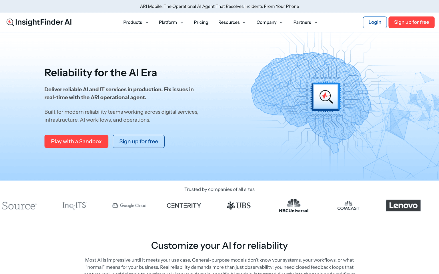 InsightFinder product interface dashboard screenshot homepage view