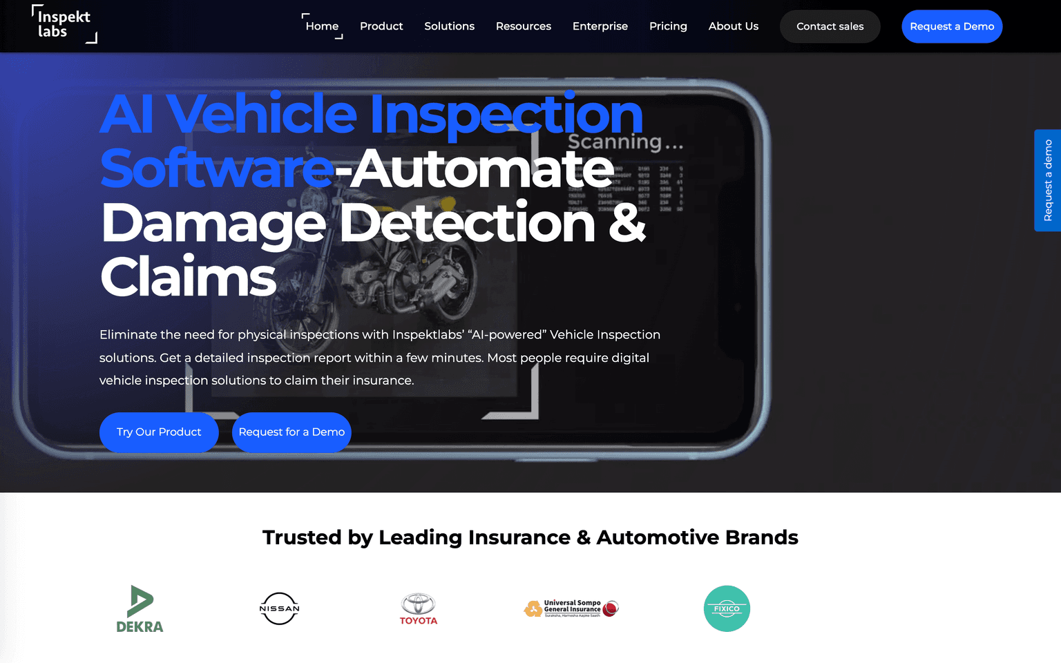 Inspektlabs landing page describing AI vehicle inspection software that automates damage detection and claims