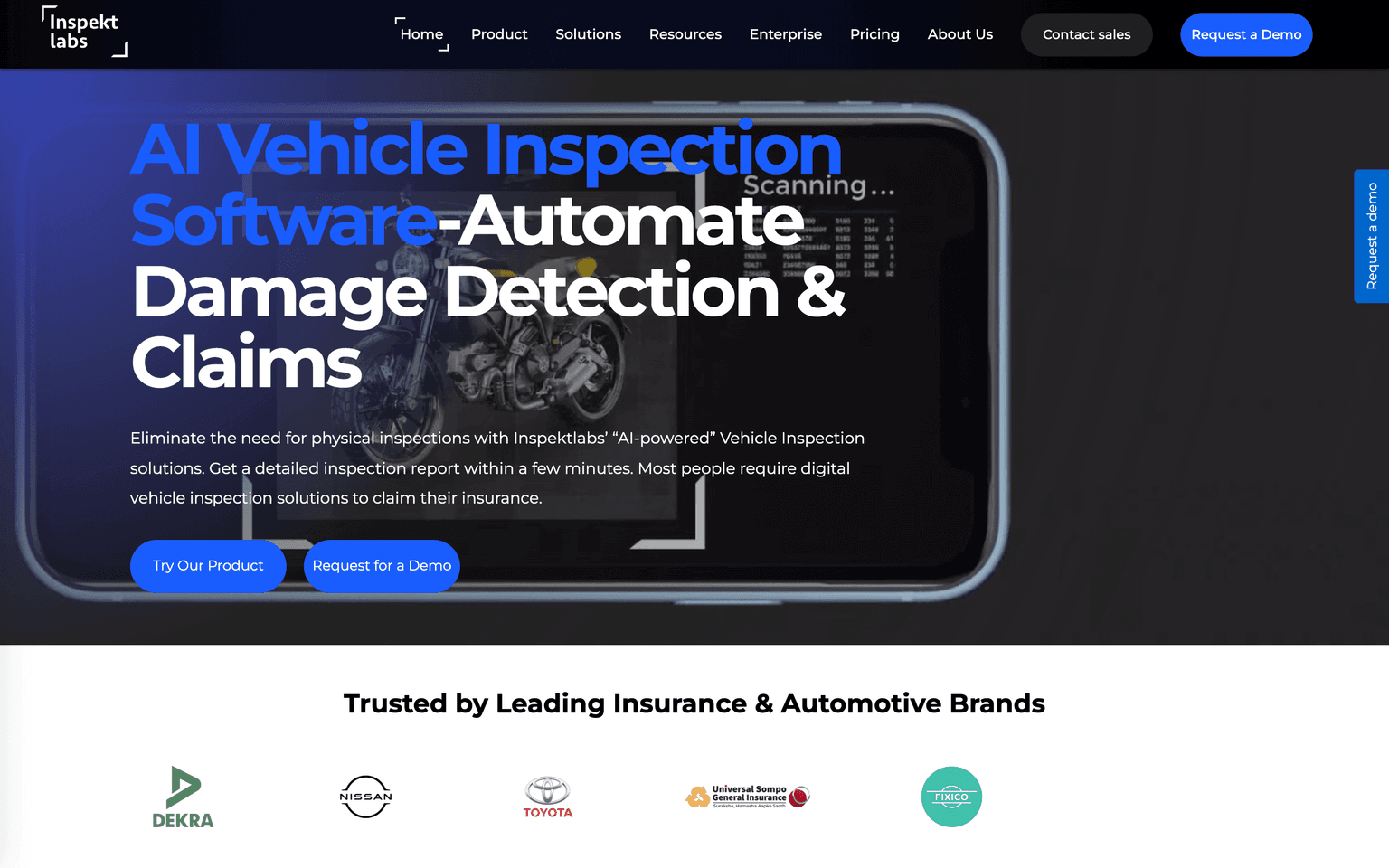Inspektlabs landing page describing AI vehicle inspection software that automates damage detection and claims