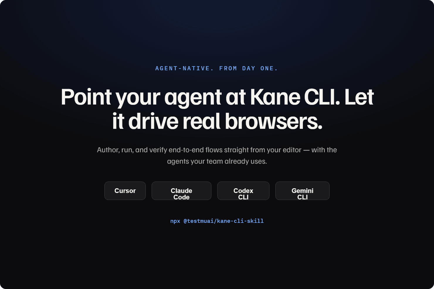 Kane CLI agent-native workflow diagram connecting coding agents to real browser tests