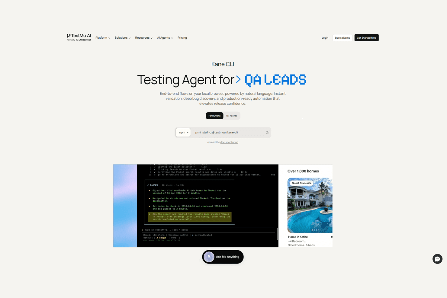 Kane CLI feature overview showing natural language browser test runs from the terminal
