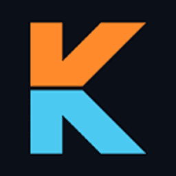 Kurodyne logo, an orange and blue geometric letter K mark on a dark background