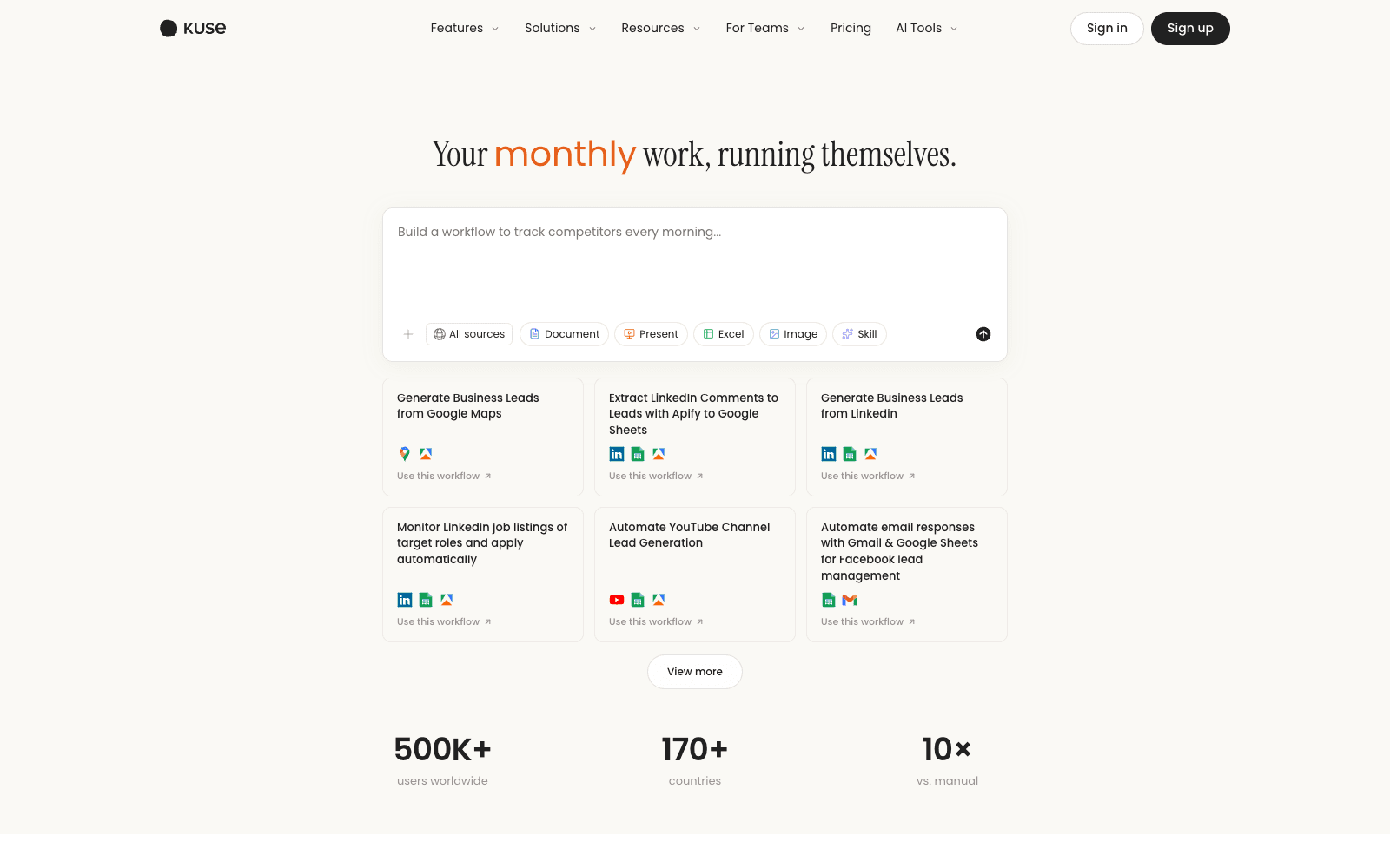Kuse homepage screenshot showing the product interface and branding