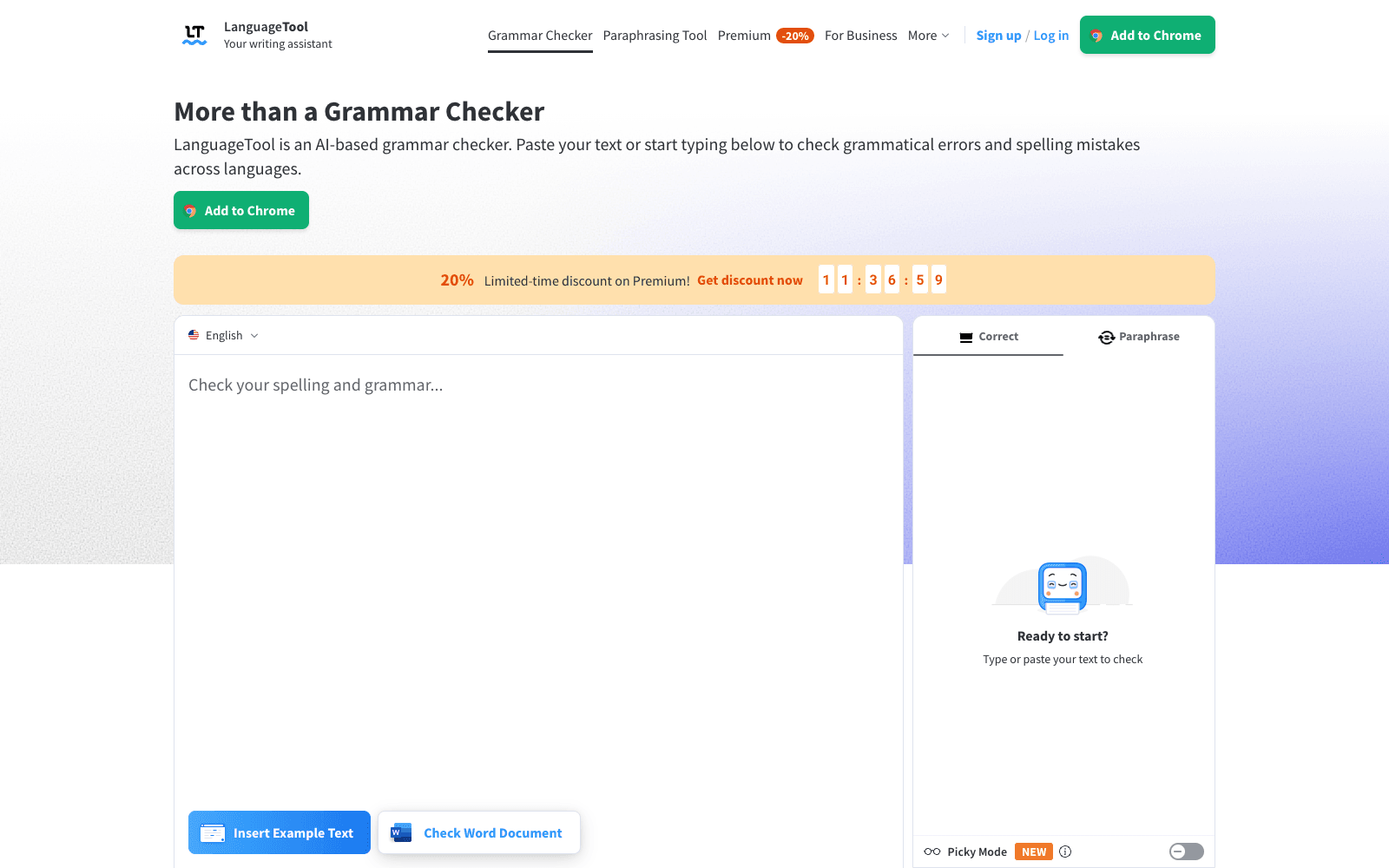LanguageTool homepage screenshot showing the product interface and branding