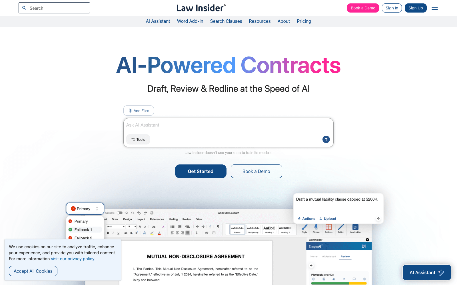 Law Insider homepage screenshot showing the product interface and branding
