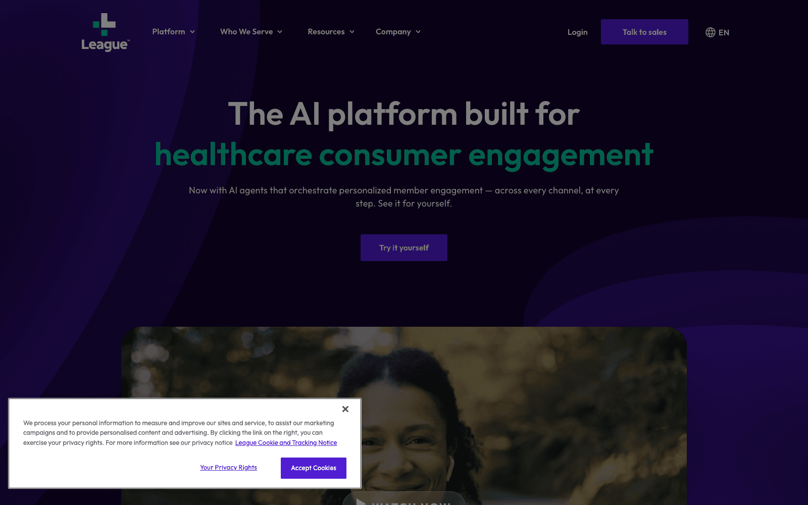 League product homepage screenshot showing the interface and branding