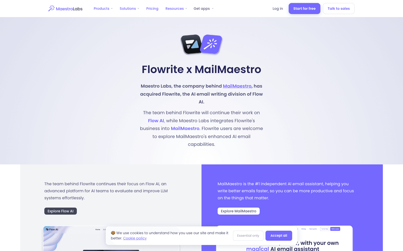 MailMaestro (formerly Flowrite) homepage screenshot showing the product interface and branding