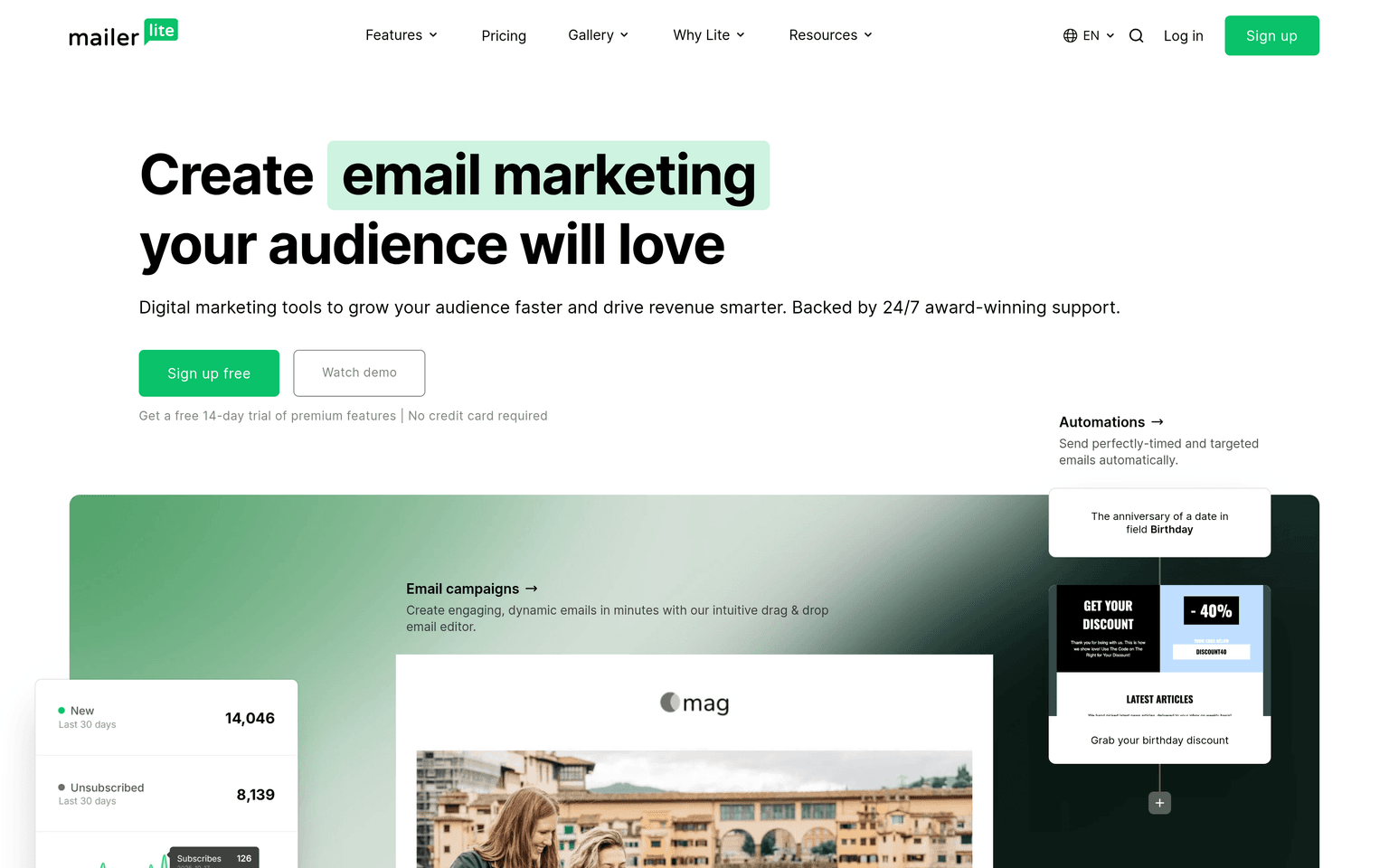 MailerLite email marketing platform homepage dashboard interface screenshot