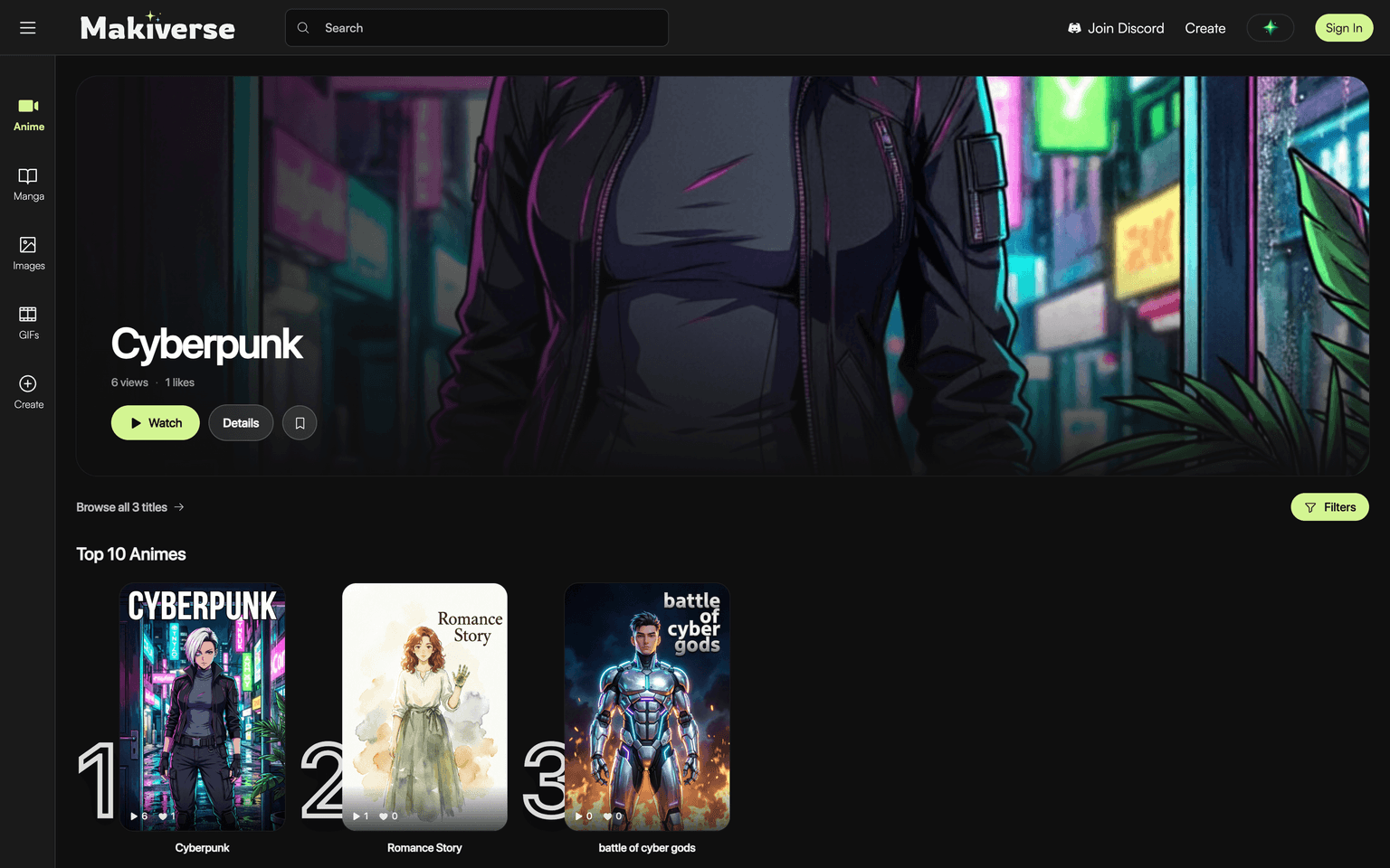 Makiverse landing page showing an AI anime and manga generator feed with story titles