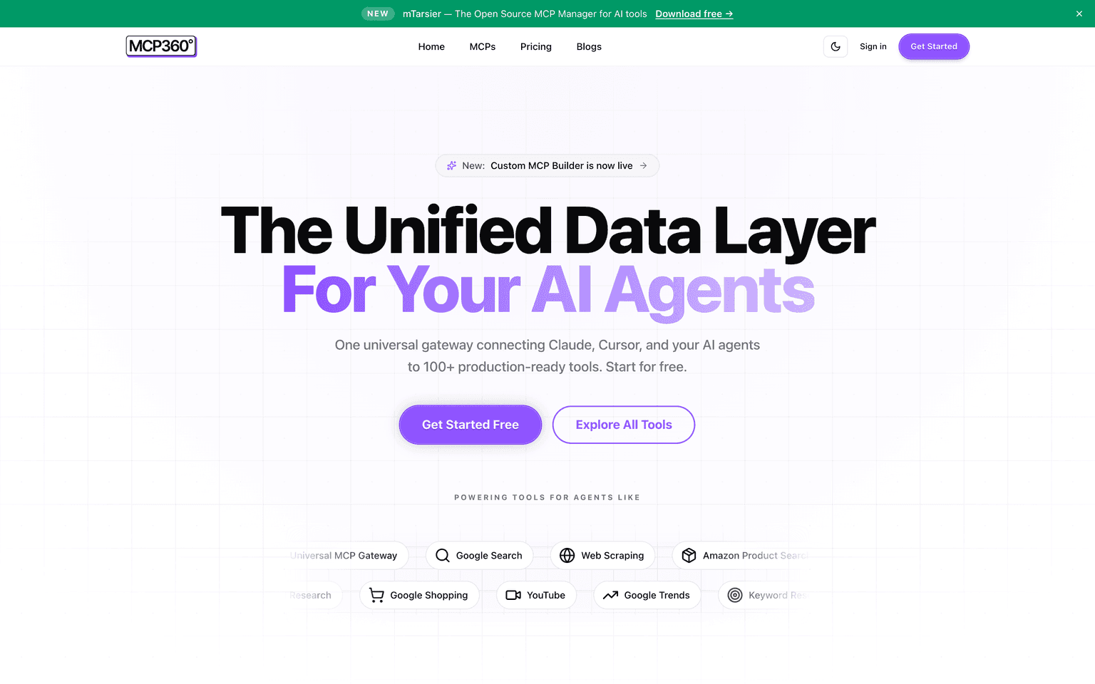 MCP360 landing page describing a unified MCP gateway connecting AI agents to over 100 tools
