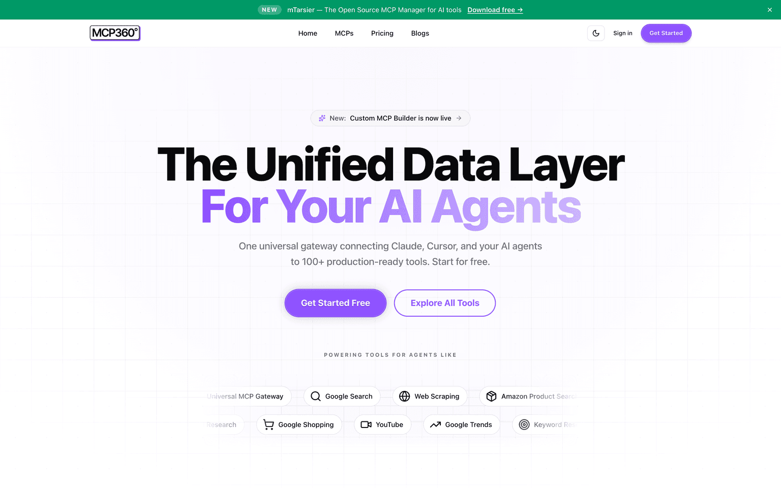 MCP360 landing page describing a unified MCP gateway connecting AI agents to over 100 tools