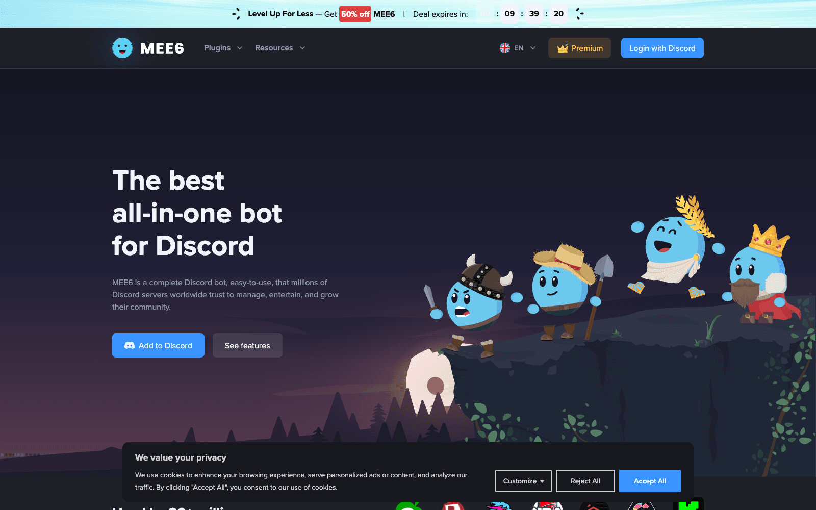 MEE6 homepage screenshot showing the product interface and branding
