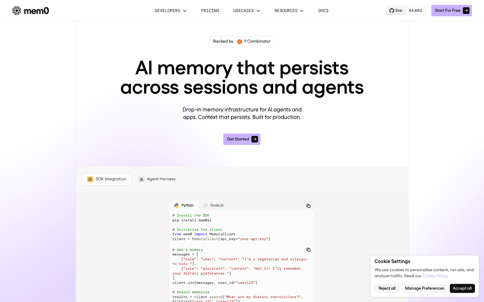Mem0 developer tools tool screenshot
