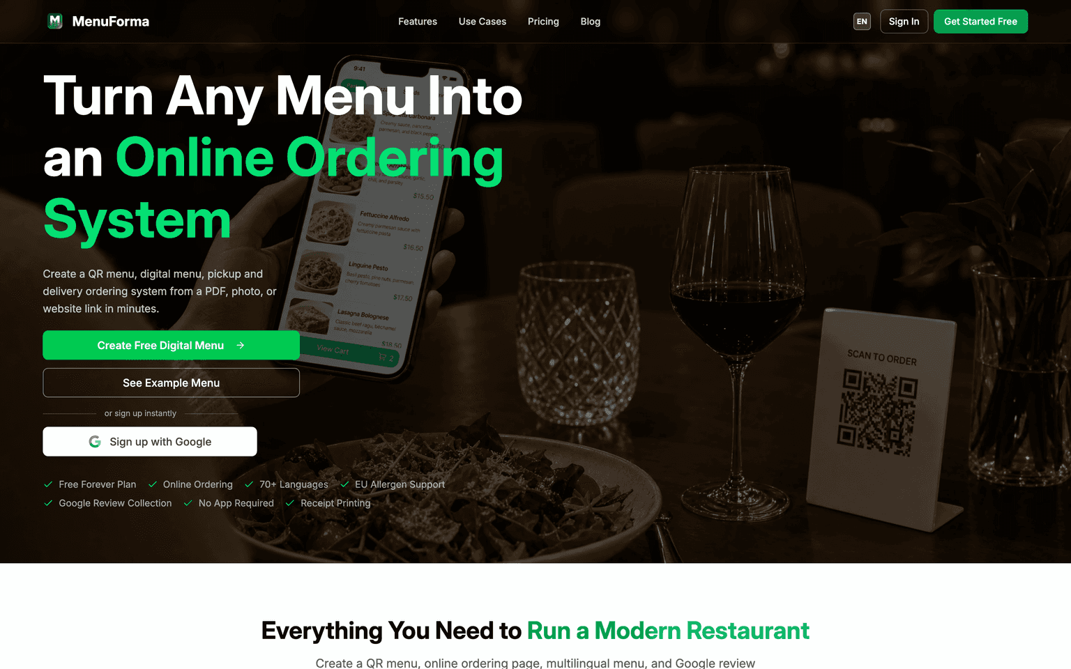 MenuForma homepage hero showing a phone displaying a QR restaurant menu on a dining table