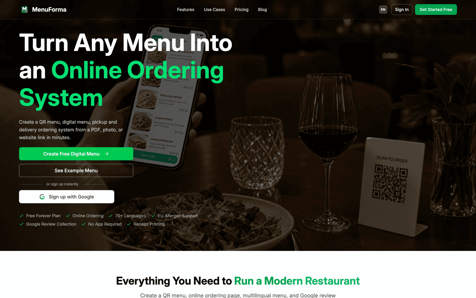 MenuForma homepage hero showing a phone displaying a QR restaurant menu on a dining table