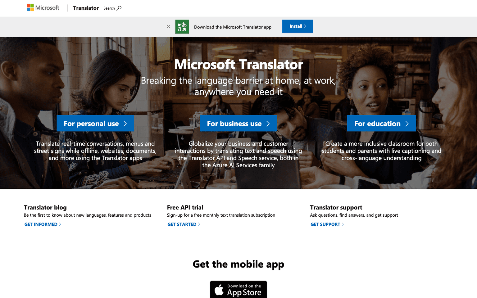 Microsoft Translator homepage screenshot showing the product interface and branding