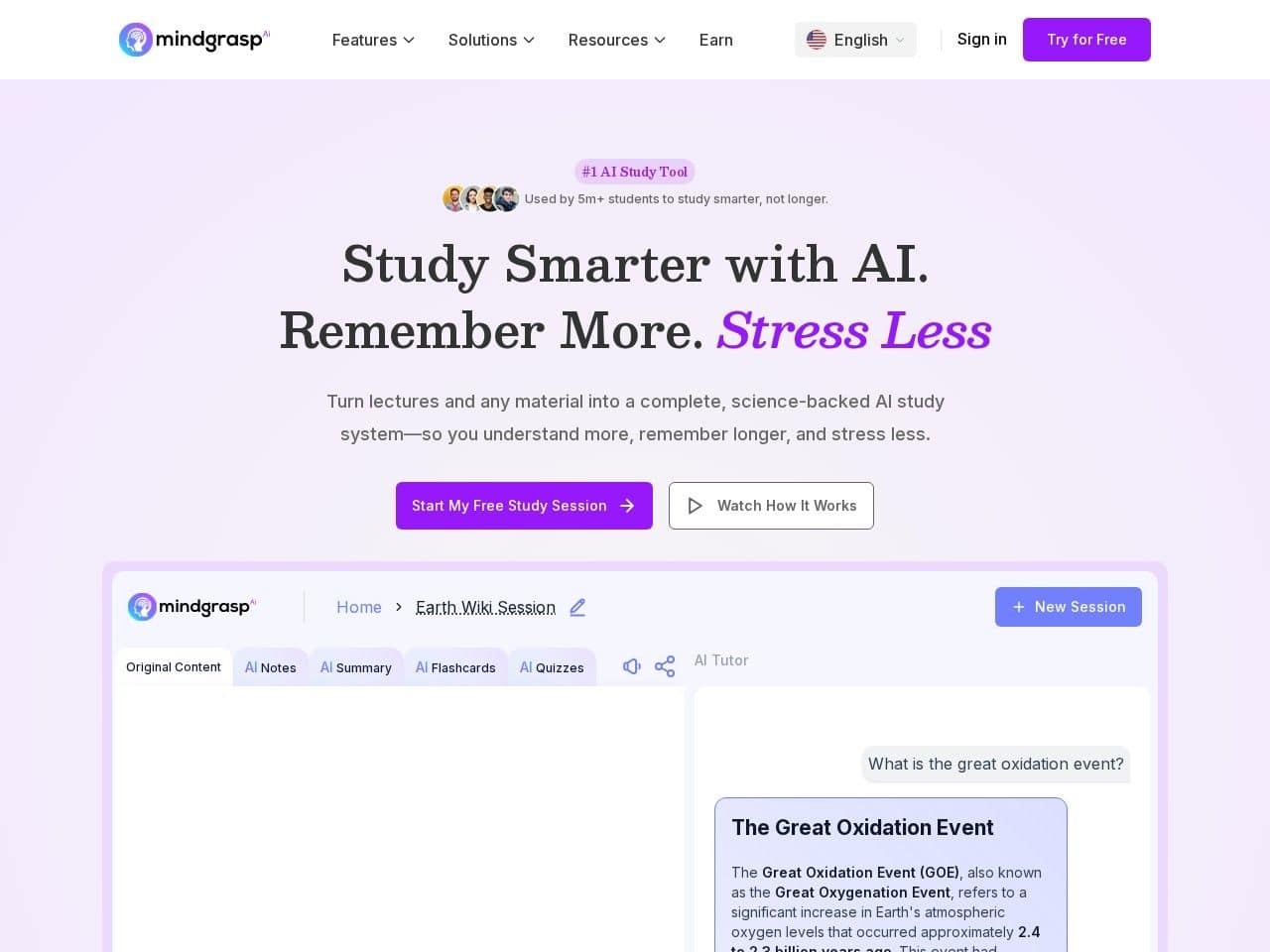 Mindgrasp product interface dashboard screenshot homepage view