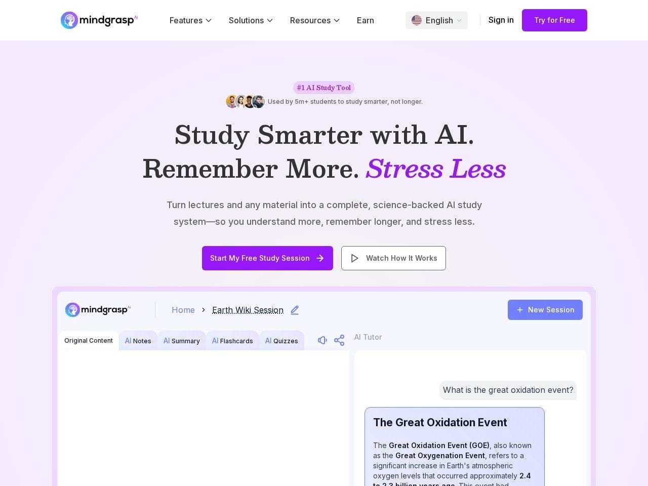 Mindgrasp product interface dashboard screenshot homepage view