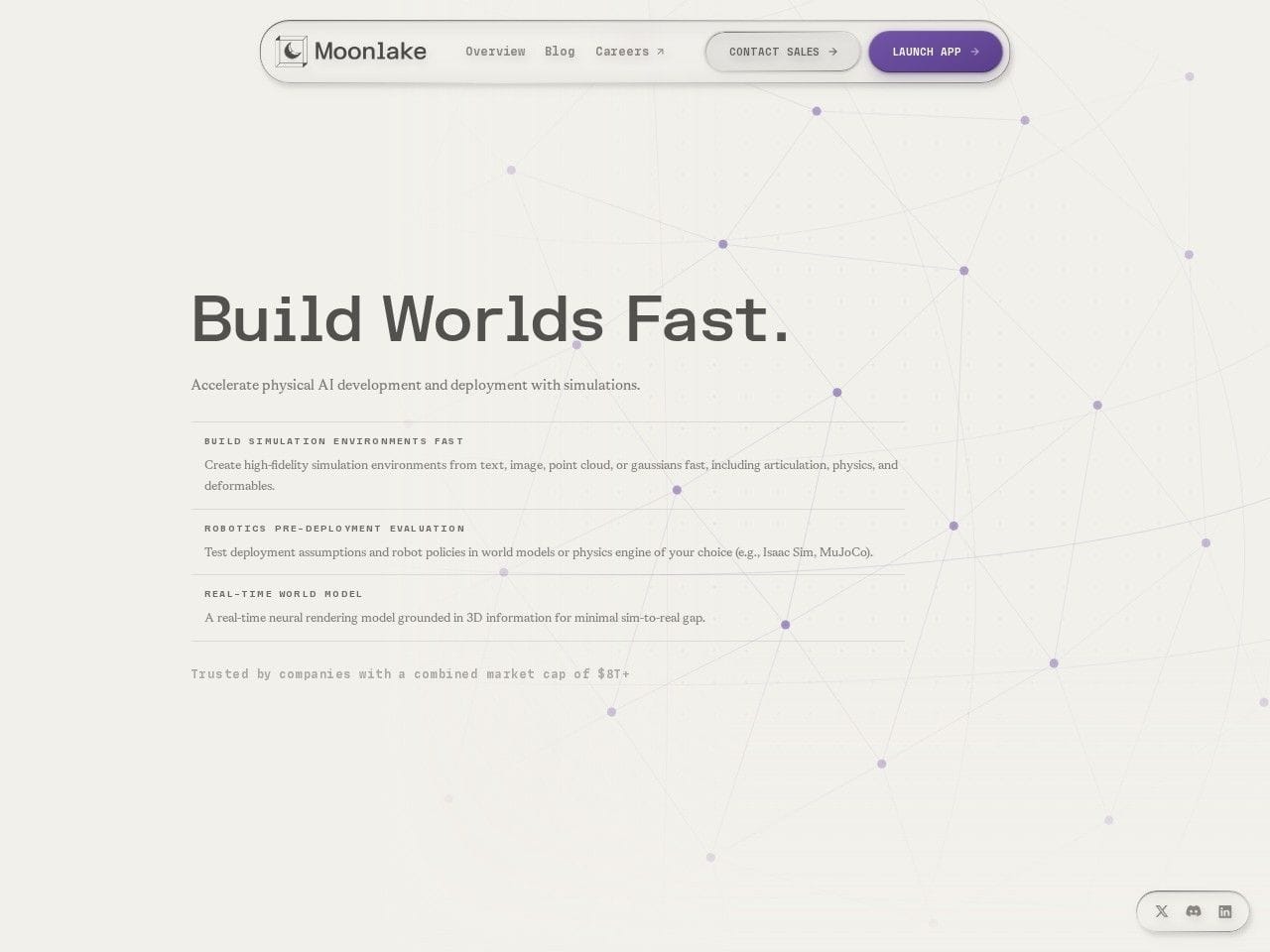 Moonlake AI product interface dashboard screenshot homepage view