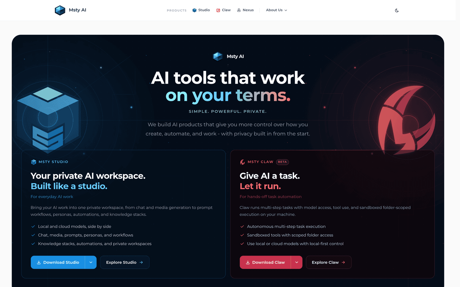 Msty AI product interface dashboard screenshot homepage view