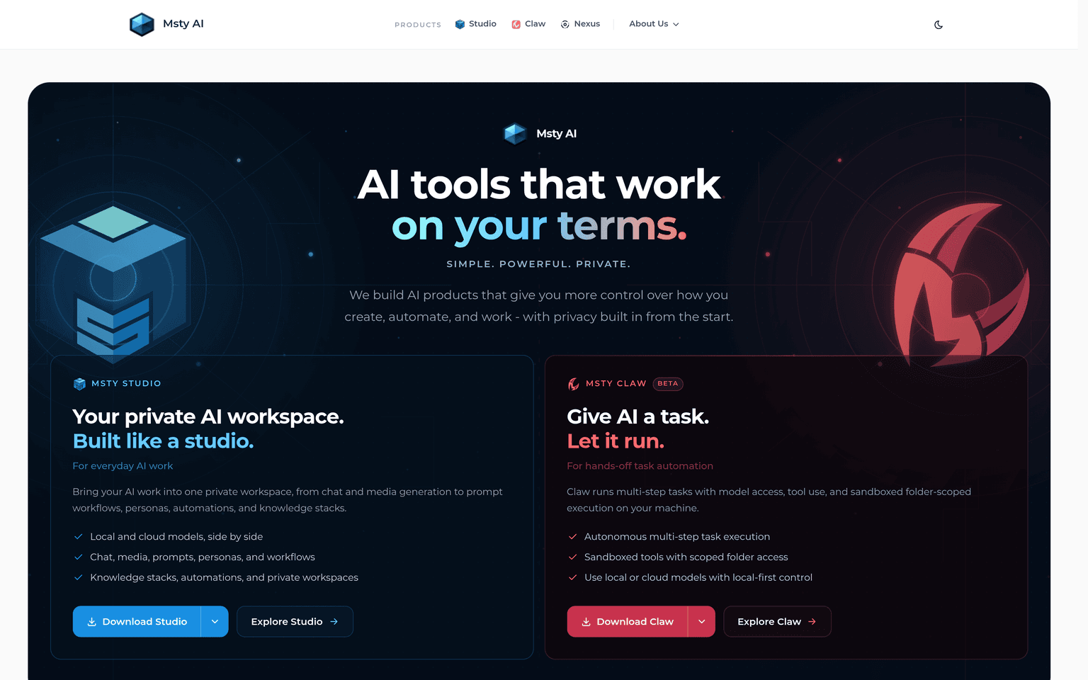 Msty AI product interface dashboard screenshot homepage view