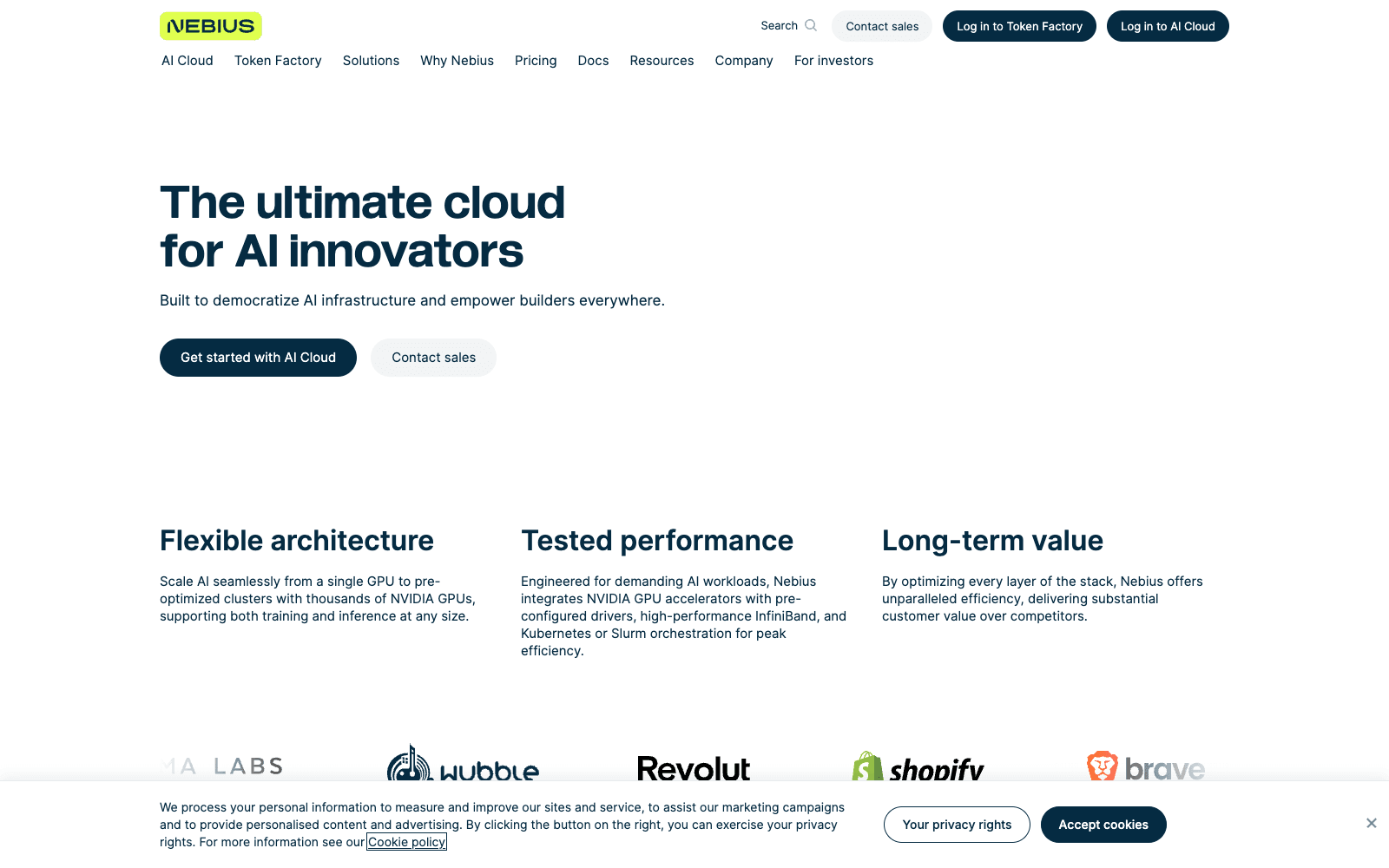 Nebius product homepage screenshot showing the interface and branding