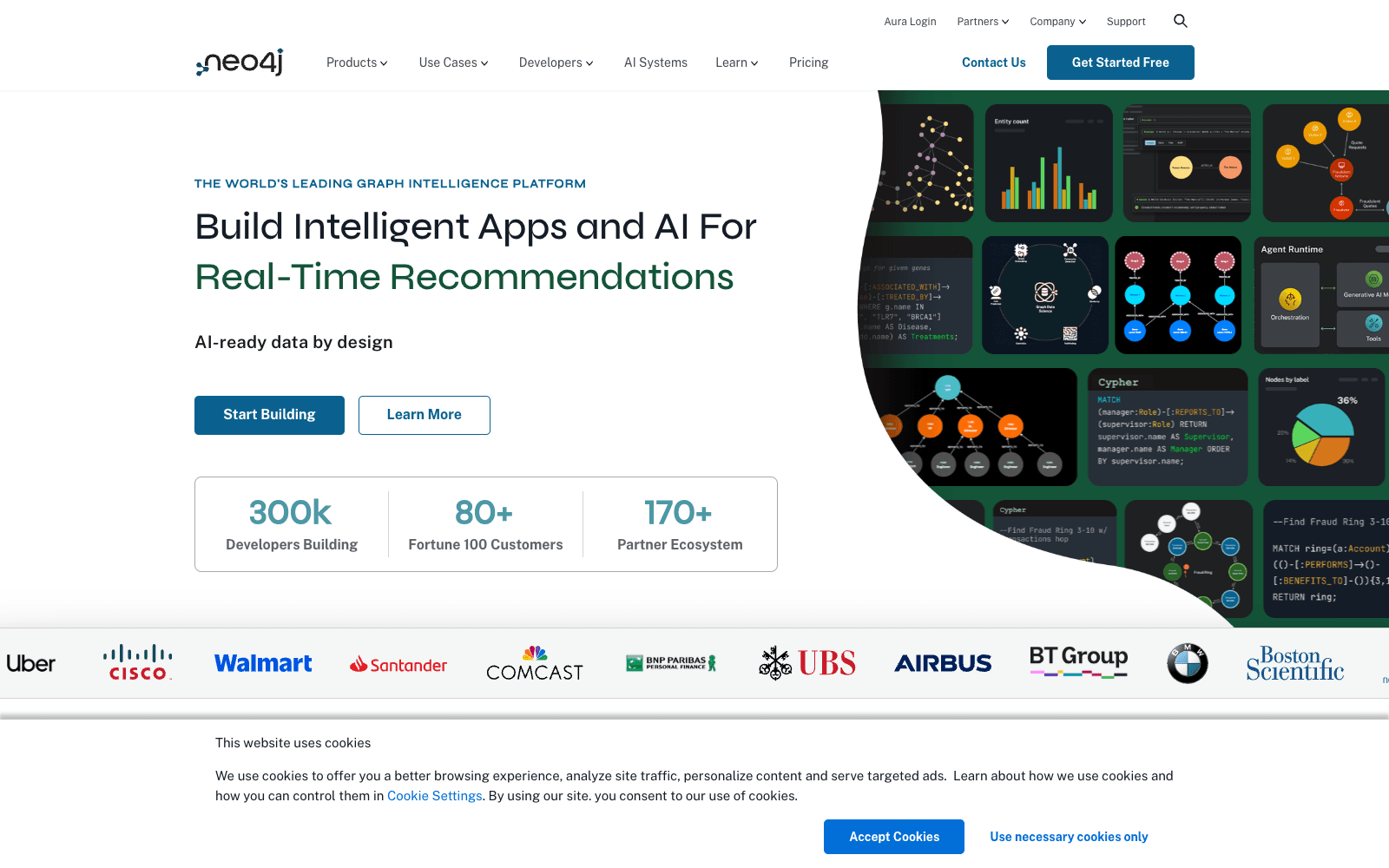 Neo4j product homepage screenshot showing the interface and branding