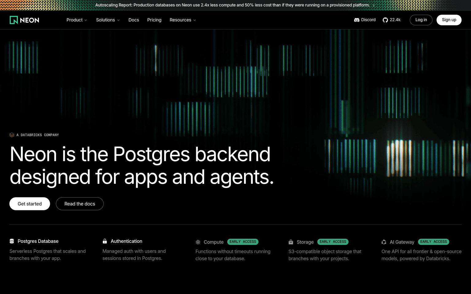 Neon homepage showing serverless Postgres database platform interface