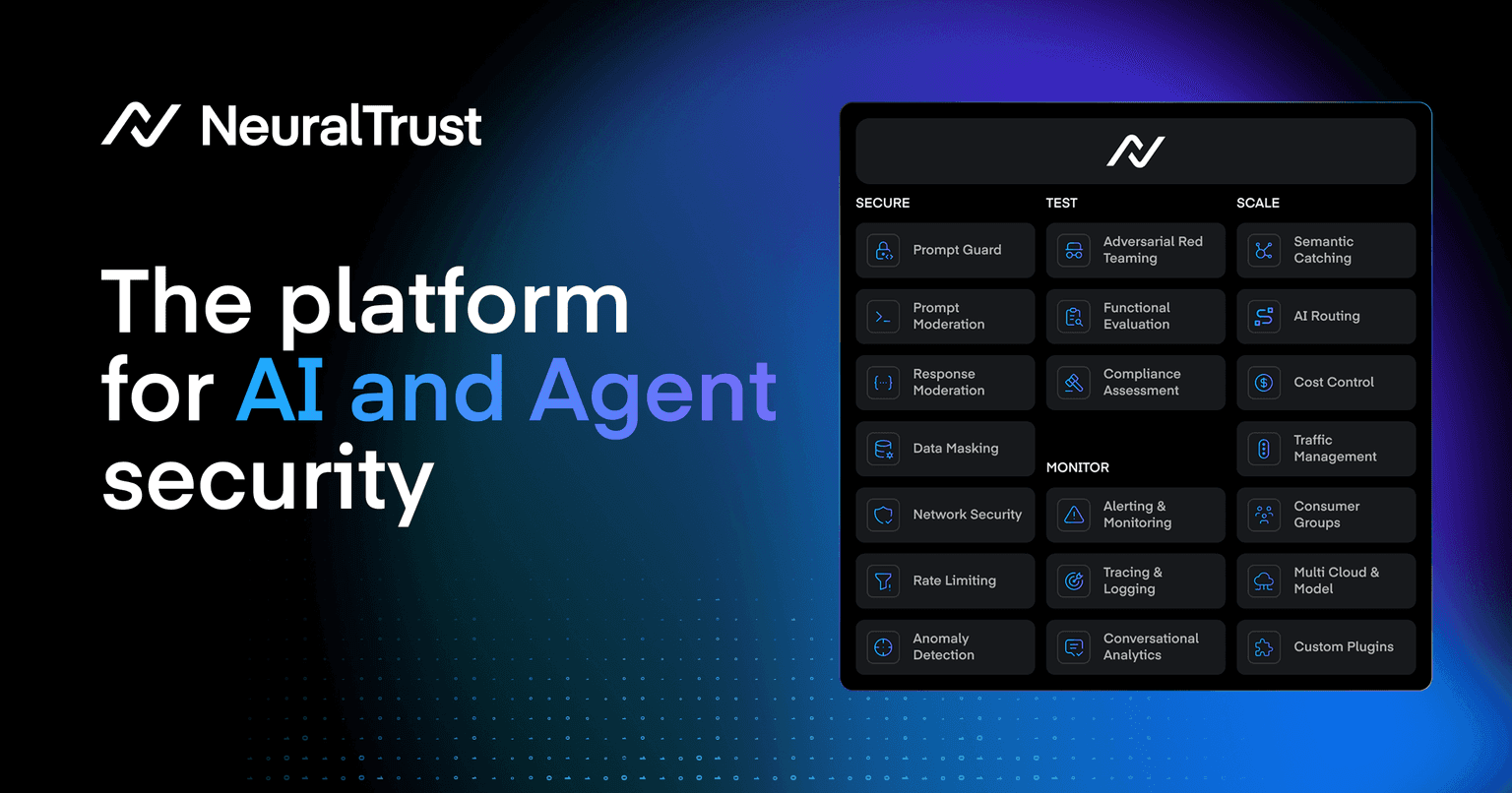 NeuralTrust product hero showing its AI and agent security feature modules