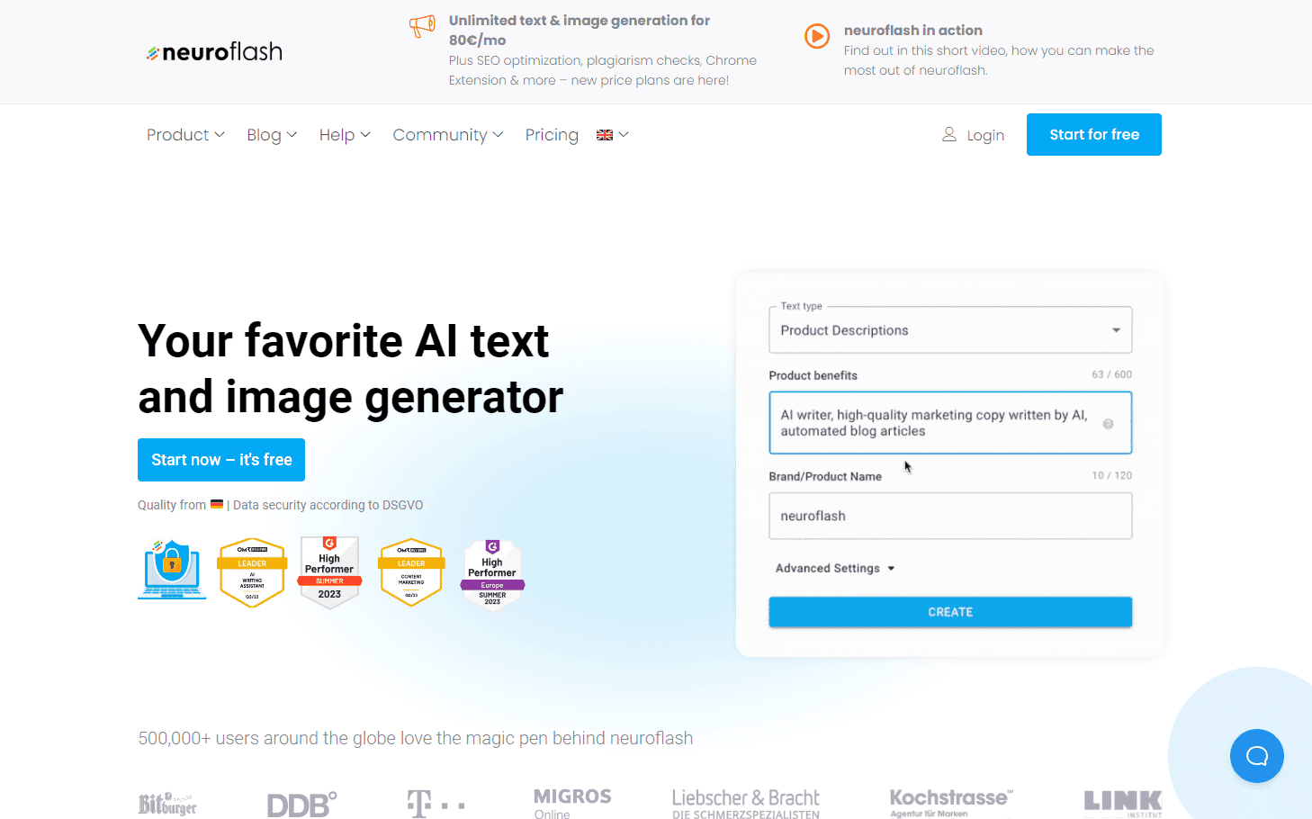 neuroflash homepage showcasing features
